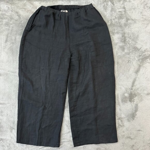 Flax Pull On Wide Leg Pants Black 100% Linen MEDIUM Lagenlook Minimalist - Picture 1 of 5